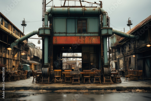 A factory with closed doors and a  For Sale  sign  symbolizing the economic downturn and job losses. Generative Ai.