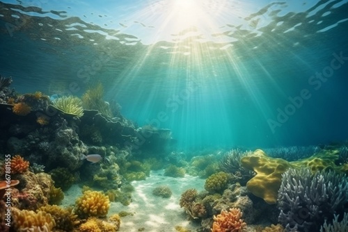 Underwater scene - tropical seabed with reef and sunshine. Generative AI © Saskia