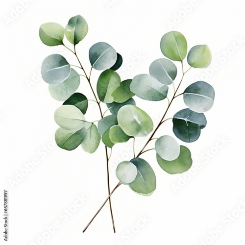 Watercolor green eucalyptus leaves and branches herb on white for greeting card decor. Generated AI