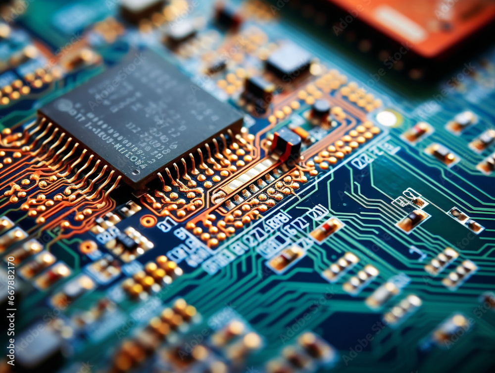 Close-up image of a computer circuit board displaying intricate electronic components and wiring. Close-up image of a computer circuit board displaying intricate electronic components and wiring.