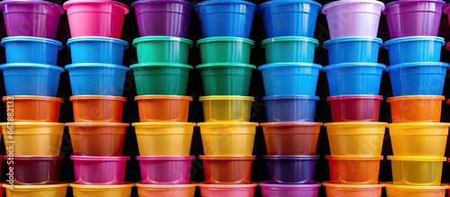Stacks of vibrant plastic containers captured in a horizontal image