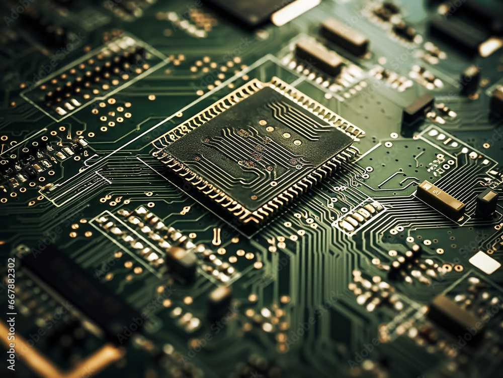 Close-up photo of a computer circuit board showing intricate patterns and electronic components. Close-up photo of a computer circuit board showing intricate patterns and electronic components.
