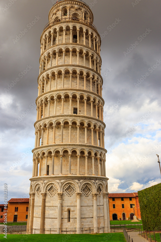 Leaning tower of Pisa at the Piazza dei Miracoli or the Square of Miracles in Pisa, Italy