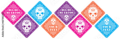 Papel picado en forma de rombo del día de muertos, con cráneos, donde puedes poner tu propio texto	