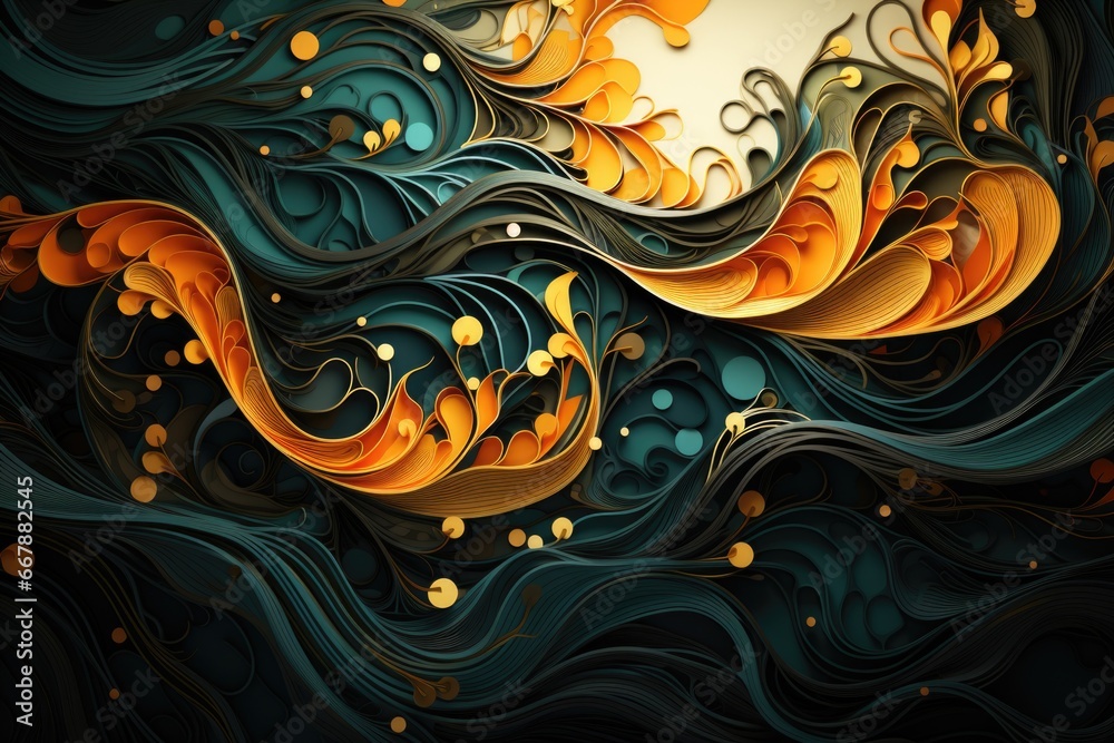 A digital painting of waves and bubbles. AI image.