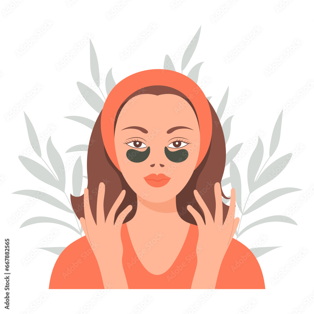 Facial skin care. A woman takes care of her skin. Cosmetic masks, patches, cream, lotion, soap, face mousse. Clip art set, vector Facial skin care. A woman takes care of her skin. Cosmetic masks, patches, cream, lotion, soap, face mousse. Clip art set, vector