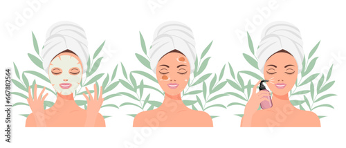 Facial skin care. A woman takes care of her skin. Cosmetic masks, patches, cream, lotion, soap, face mousse. Clip art set, vector