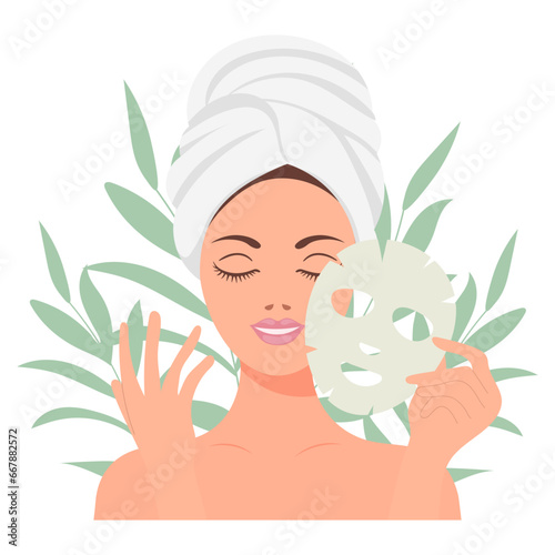Facial skin care. A woman takes care of her skin. Cosmetic masks, patches, cream, lotion, soap, face mousse. Clip art set, vector
