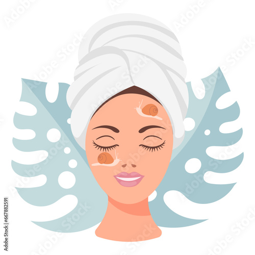 Facial skin care. A woman takes care of her skin. Cosmetic masks, patches, cream, lotion, soap, face mousse. Clip art set, vector