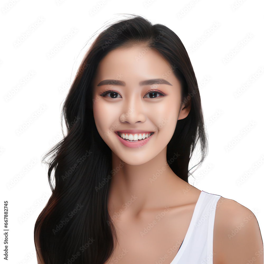 Portrait of a beautiful young asian model woman smiling with clean teeth isolated on white created with Generative AI Portrait of a beautiful young asian model woman smiling with clean teeth isolated on white created with Generative AI