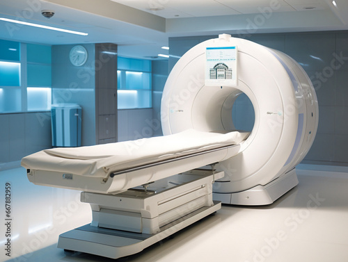 A medical MRI machine in action, scanning a patient's body with electromagnetic waves. photo