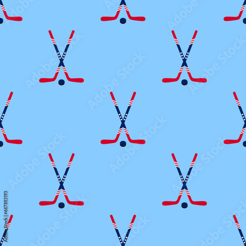 Hockey vector background. American ice hockey sticks and puck seamless pattern in a USA flag traditional colors and stars symbols. Winter sports repeated texture for sporting designs, prints