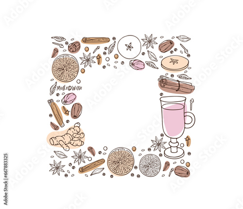 Square Alcoholic drinking frame. Traditional Christmas drink. Mulled wine ingredients. Doodle Outline vector illustration. Hot winter drink recipe. Organic product sketch. Flavor cooking ingredient