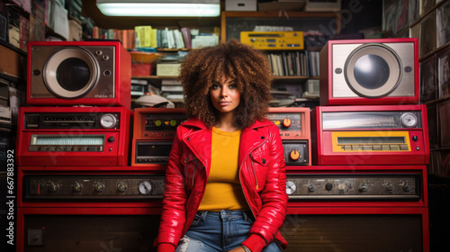 Beautiful woman with afro in red jacket standing in a recording room with old equipment.