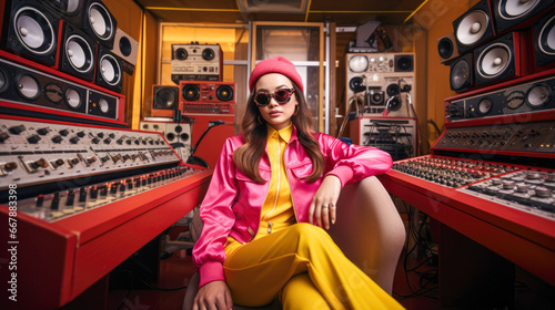 Woman in sunglasses sitting at the board of the analog mixing desk.