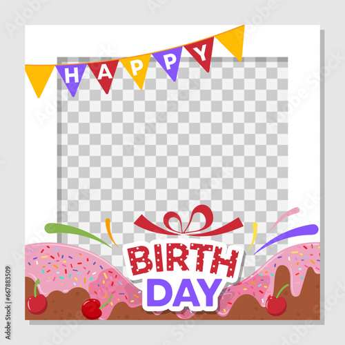 Happy birthday. Bright frame for a festive party in a cartoon style, isolated on a transparent background with a cake, a garland and a gift. For photo booth, cards, invitations. Vector illustration