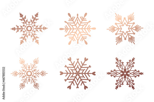 Set of golden snowflakes isolated on a white background. Elegant winter decor elements for greeting card, print, banner. Snowflakes linear icon set. Vector illustration in flat style.