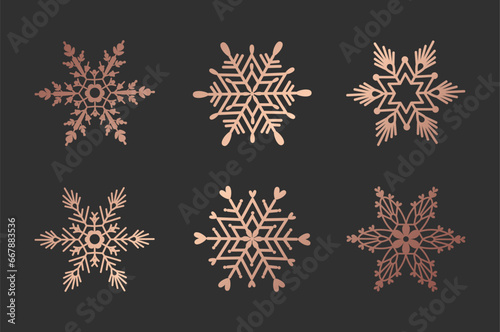 Set of rose gold snowflakes. Elegant winter decor elements for greeting card, print, banner. Linear snowflake icon set. Flat style vector illustration. Set of snowflakes in thin line style
