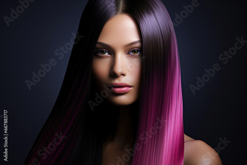 A beautiful woman with long purple hair. Magenta colored straight hair.