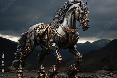 A warhorse standing tall, a symbol of courage and strength. Concept of war animals. Generative Ai.