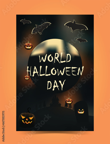 Halloween spooky background  scary pumpkins scene. Scary graveyard in creepy forest in october dark night autumn gloomy creepy graveyard with fog and lights. Happy Halloween outdoor backdrop concept.