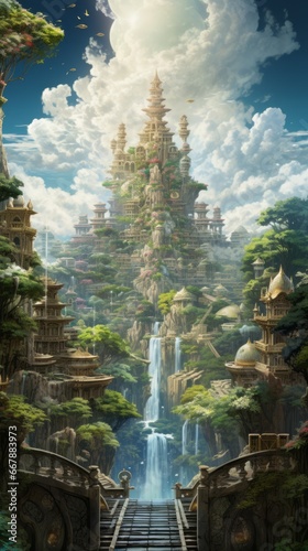 Fantasy landscape with a waterfall and pagoda