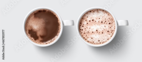 White mugs with hot chocolate with and without powder isolated on transparent background for hot drink design flat lay top view