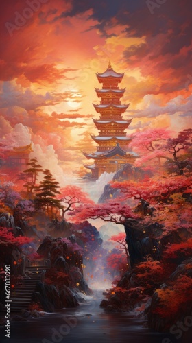 Pagoda in autumn forest at sunset, Chinese style painting