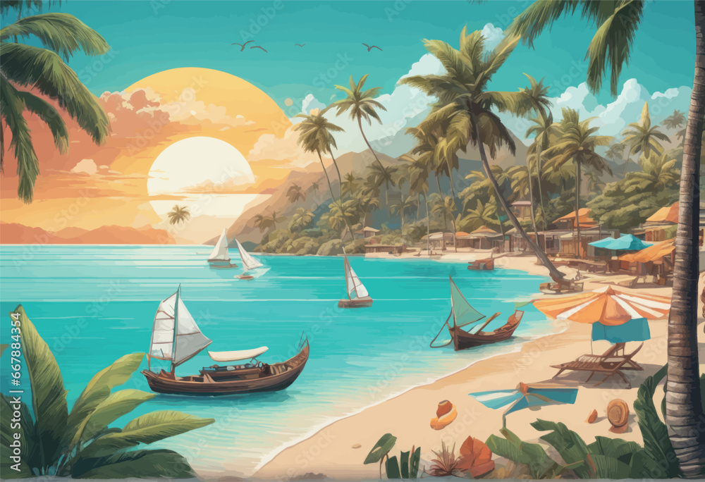 3d rendering of tropical beach with sunset and sea3 d rendering of tropical beach with sunset and sea tropical island beach, palm tree leaves