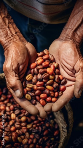 Coffee beans in the hands of a farmer. Selective focus.
