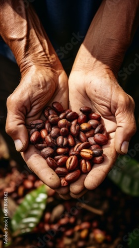 Coffee beans in the hands of a farmer. Close-up.