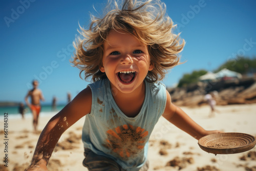 A giggling child catching a frisbee mid-air on a sandy beach. Concept of beachside fun and games. Generative Ai. photo