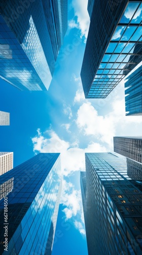 Bottom view of modern skyscrapers in business district against blue sky