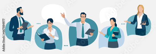 Discussion. Communication concept. Business people talking standing in the speech bubbles. Vector illustration. 