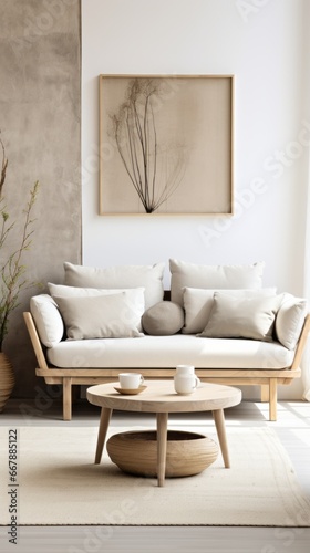 Interior of modern living room with white sofa and wooden coffee table