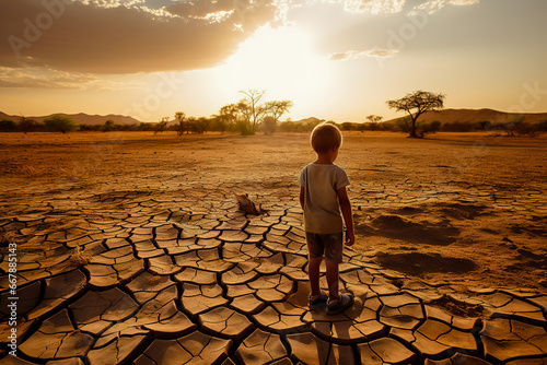 Child staying in landscape of extreme drought.