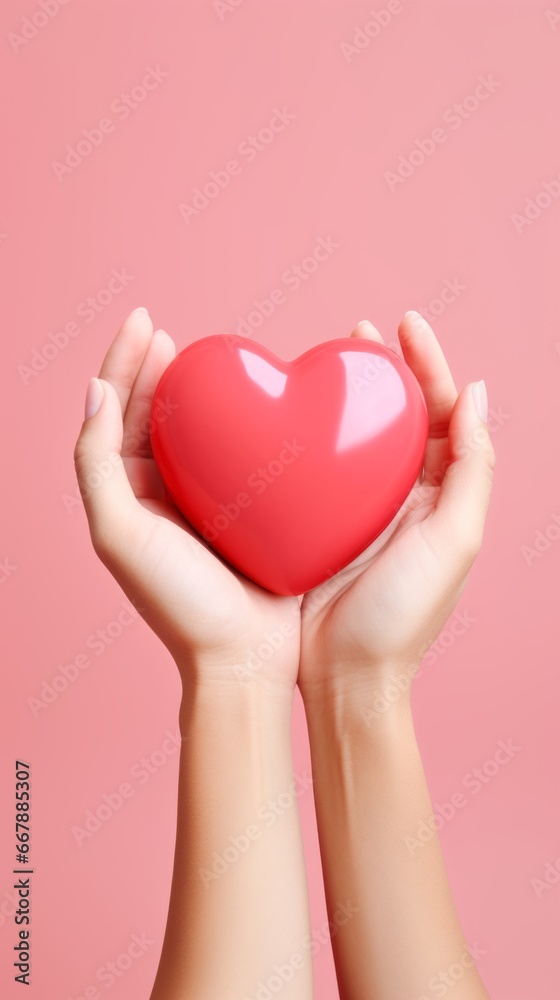 Red heart in woman's hands on a pink background. Valentine's Day Red heart in woman's hands on a pink background. Valentine's Day