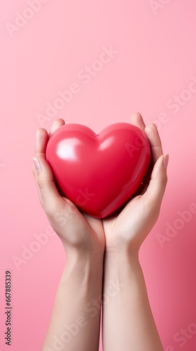 Red heart in woman's hands on a pink background. Valentine's Day