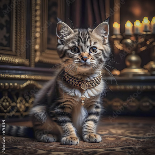 A beautiful purebred kitten in a richly decorated ancient royal interior