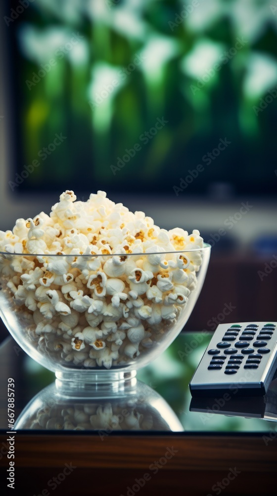 Popcorn in glass bowl and TV remote control on wooden table at home Popcorn in glass bowl and TV remote control on wooden table at home
