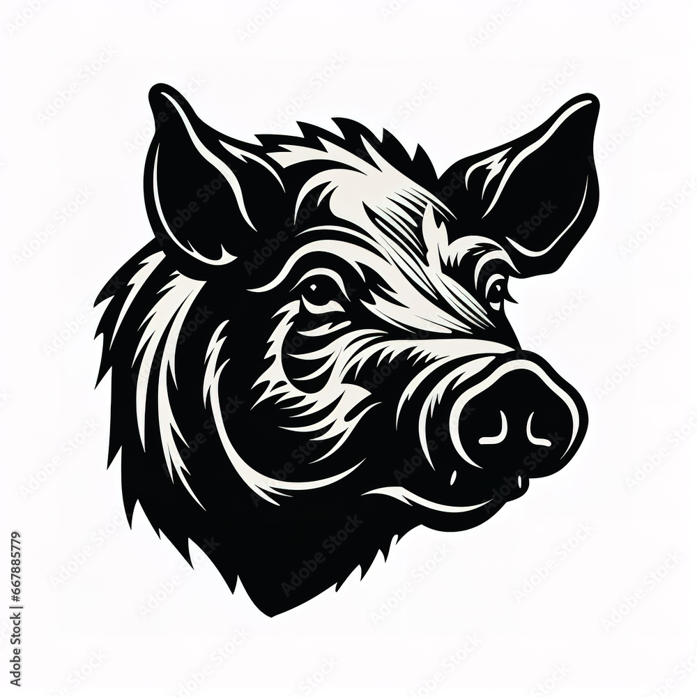 Obraz premium Full face a wild boar head silhouette against white background.