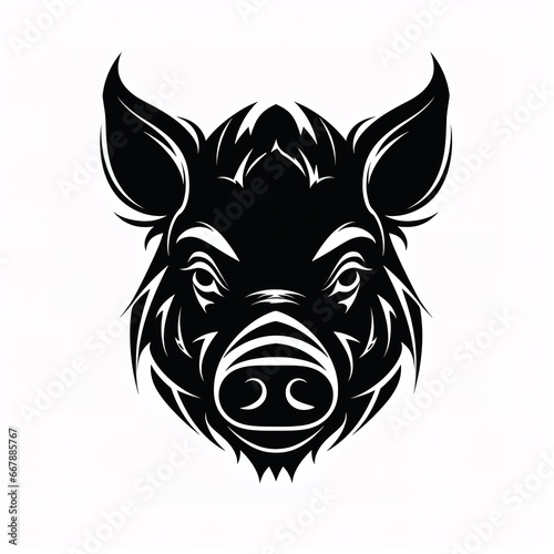 Full face a wild boar head silhouette against white background.