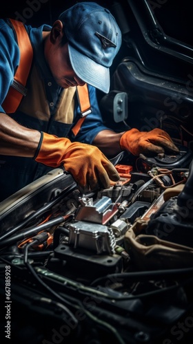 Car mechanic working in auto repair service. Car mechanic working in auto repair shop. © hardqor4ik