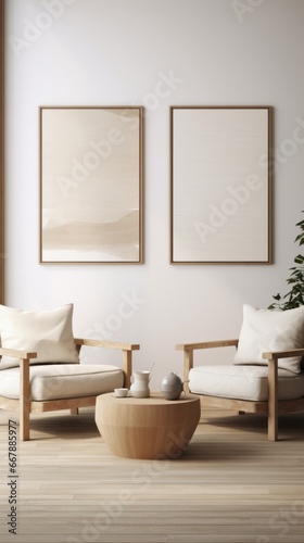 Modern living room interior with two vertical posters on the wall