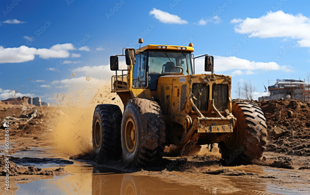 Powerful wheel loader or bulldozer working in a sand quarry