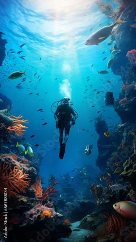Scuba diver and colorful tropical coral reef © hardqor4ik