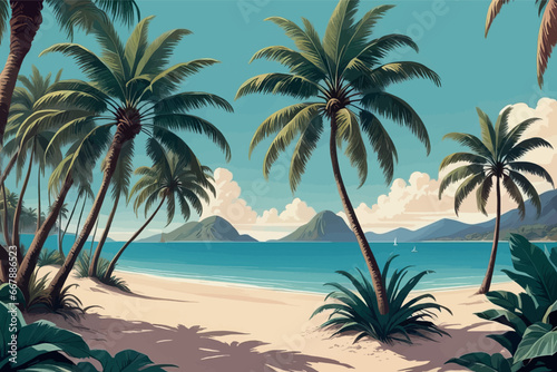 3d illustration of beautiful sea background 3d illustration of beautiful sea background beach scene in summer with tropical palm trees and ocean © Shubham