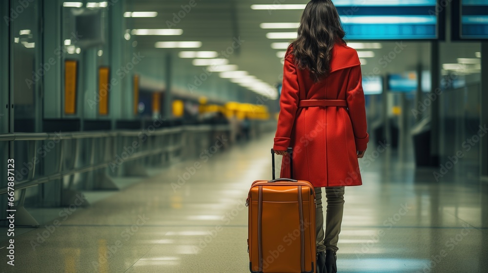 Jetting Off: Woman's Airport Stroll with Luggage at the Airport, Generative AI
