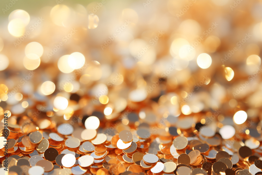 Golden christmas confetti background, glitter, bokeh, sparkling gold, banner with space for text