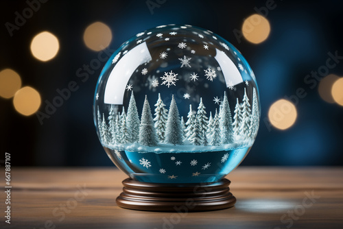 Crystal ball with winter pine forest set against a backdrop of warm bokeh lights  perfect for seasonal greeting cards and winter-themed marketing  for holiday backgrounds  banners and festive decor